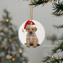 DistinctInk Hanging Ceramic Christmas Tree Ornament with Gold String - Great Gift/Present - 2 3/4 inch Diameter - Chinook Puppy Design