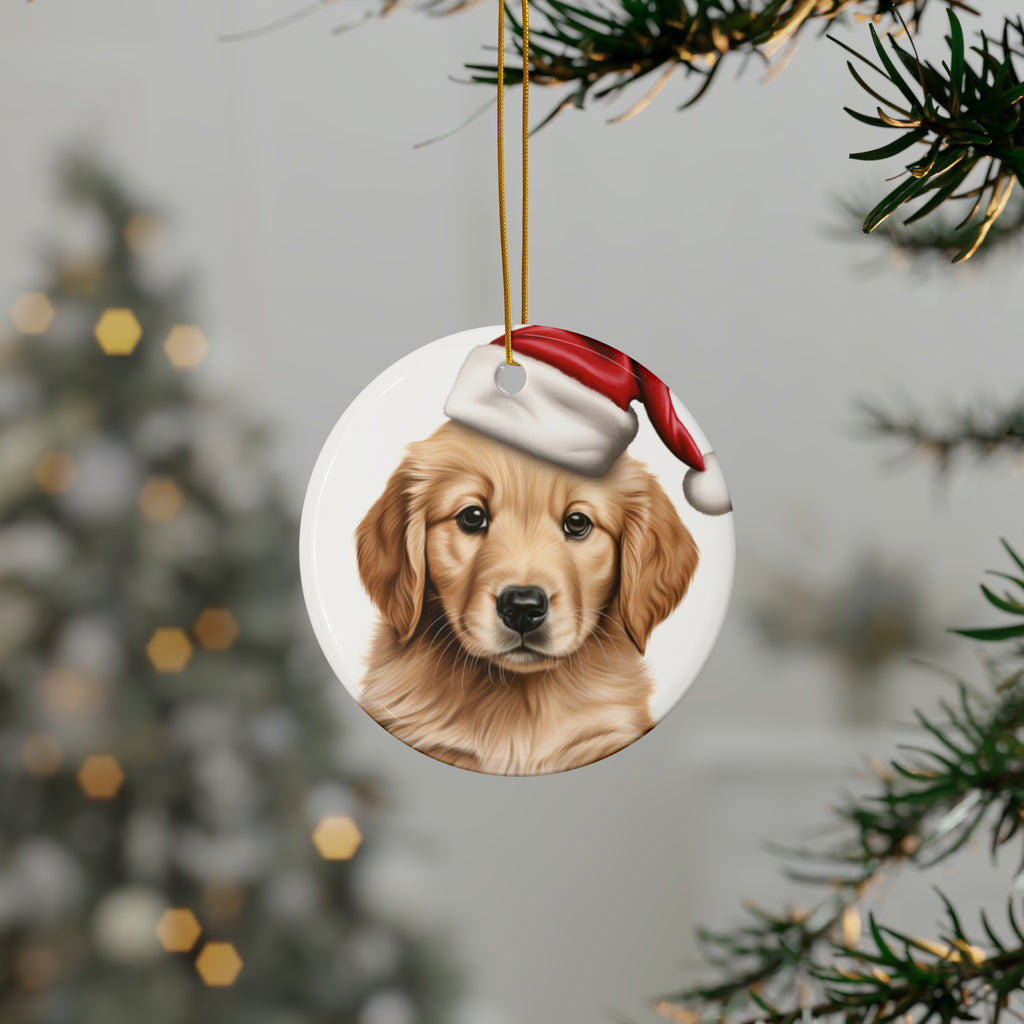 Hanging Ceramic Christmas Tree Ornament with Gold String - Golden Retriever Puppy Drawing Design, view 3