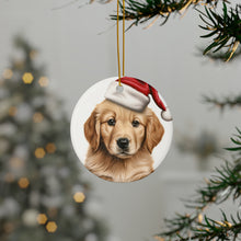 DistinctInk Hanging Ceramic Christmas Tree Ornament with Gold String - Great Gift/Present - 2 3/4 inch Diameter - Golden Retriever Puppy Drawing Design