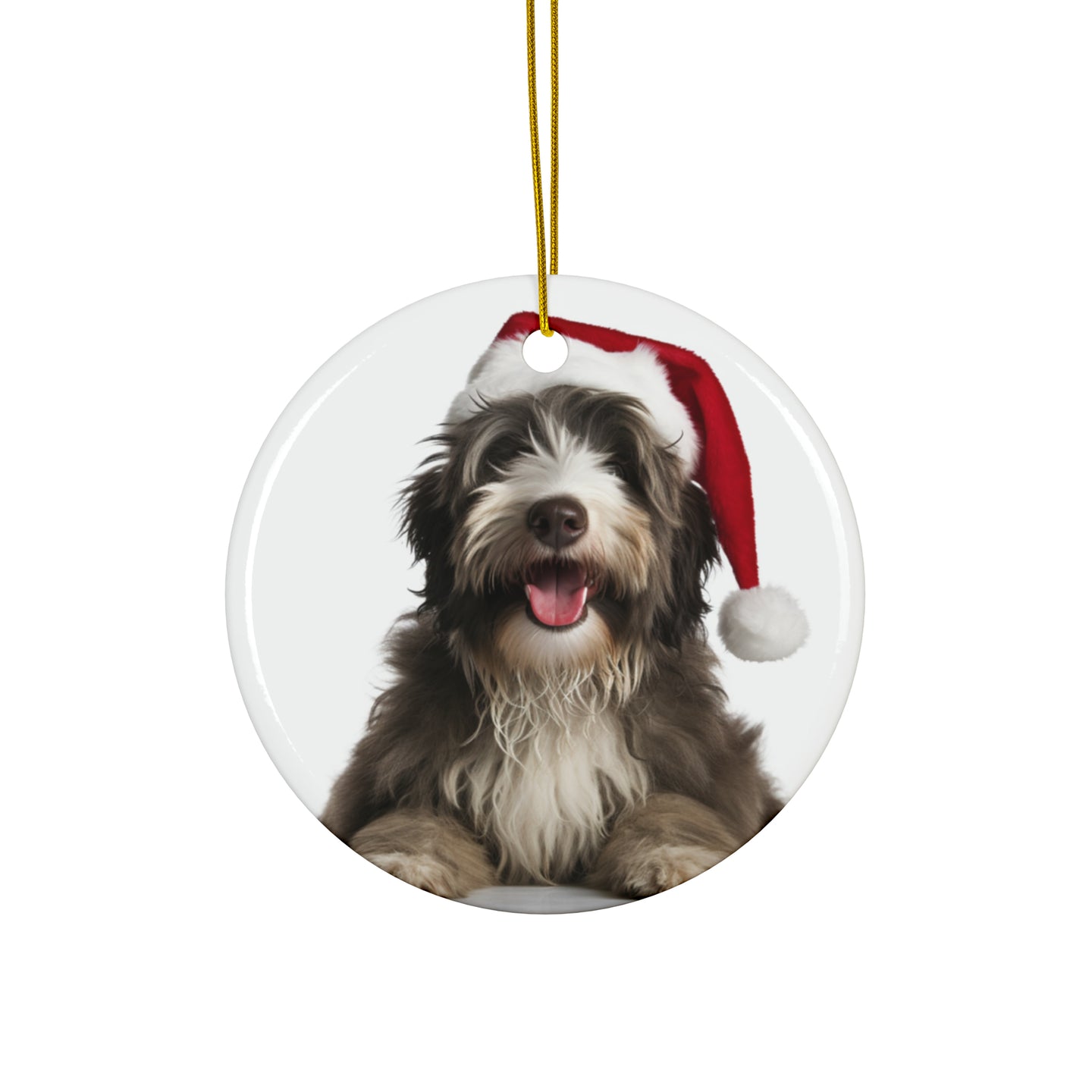 DistinctInk Hanging Ceramic Christmas Tree Ornament with Gold String - Great Gift/Present - 2 3/4 inch Diameter - Bergamasco Sheepdog Puppy Design