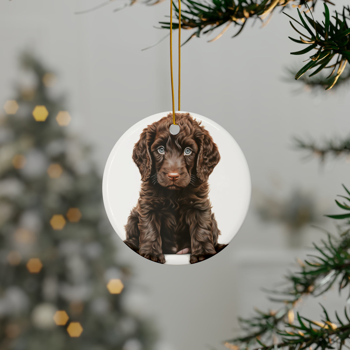 Hanging Ceramic Christmas Tree Ornament with Gold String - Irish Water Spaniel Puppy Drawing Design, view 3