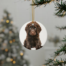 DistinctInk Hanging Ceramic Christmas Tree Ornament with Gold String - Great Gift/Present - 2 3/4 inch Diameter - Irish Water Spaniel Puppy Drawing Design