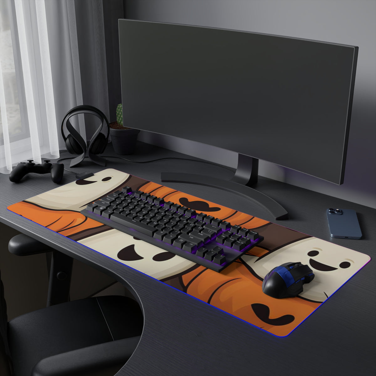 LED Gaming Mouse Pad with Haunted Skeleton Pumpkin Patch Design for Halloween, view 27