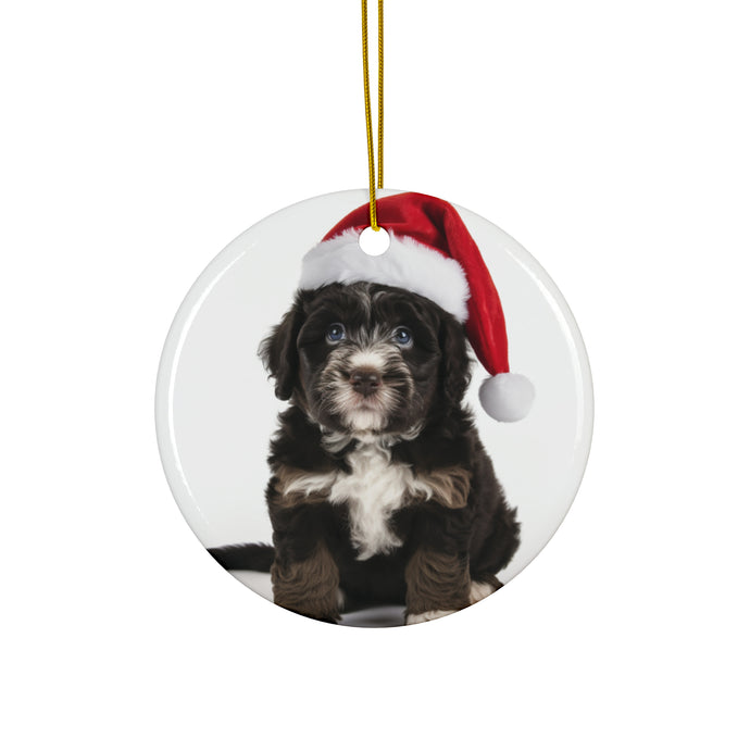 DistinctInk Hanging Ceramic Christmas Tree Ornament with Gold String - Great Gift/Present - 2 3/4 inch Diameter - Barbet Puppy Design