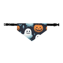DistinctInk Adjustable Pet Banana Collar with Ghastly Skeleton Pumpkin Patch Design for Halloween