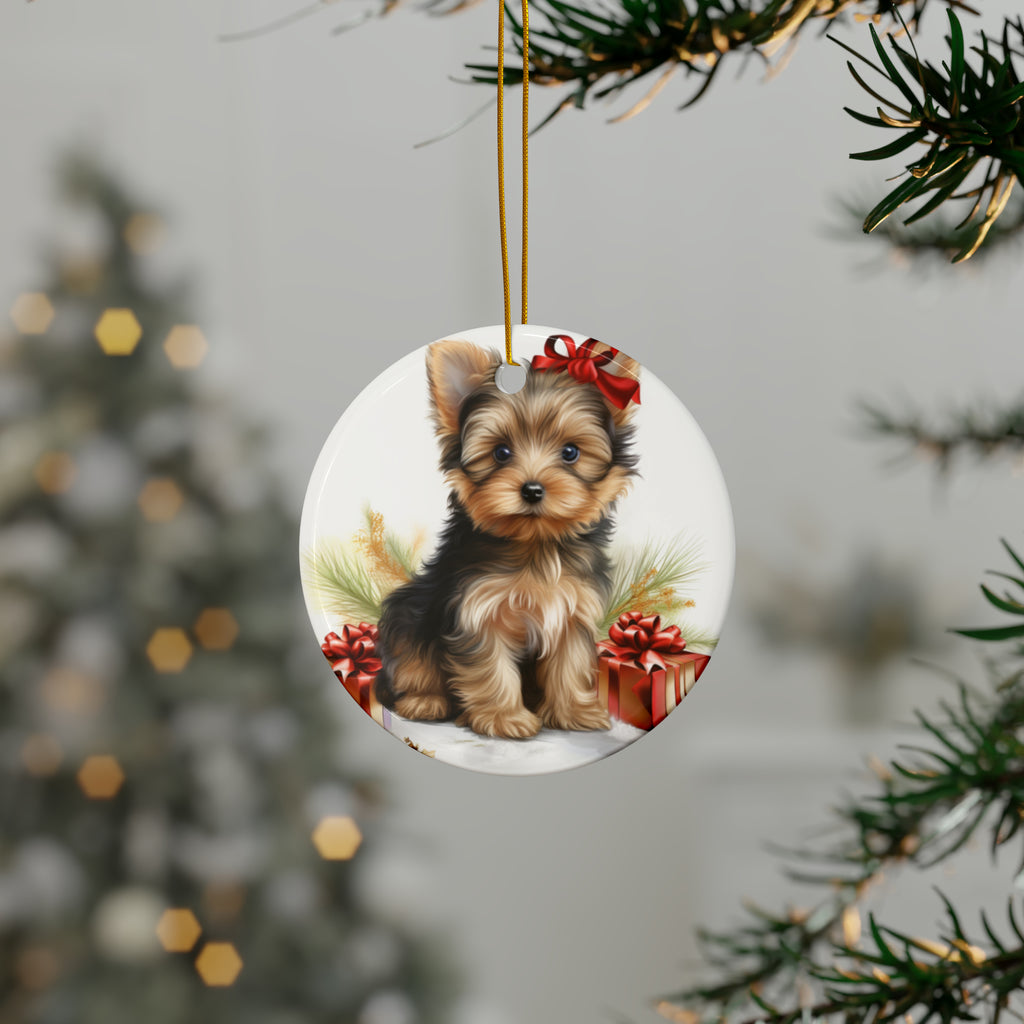 Hanging Ceramic Christmas Tree Ornament with Gold String - Silky Terrier Puppy Drawing Design, view 3