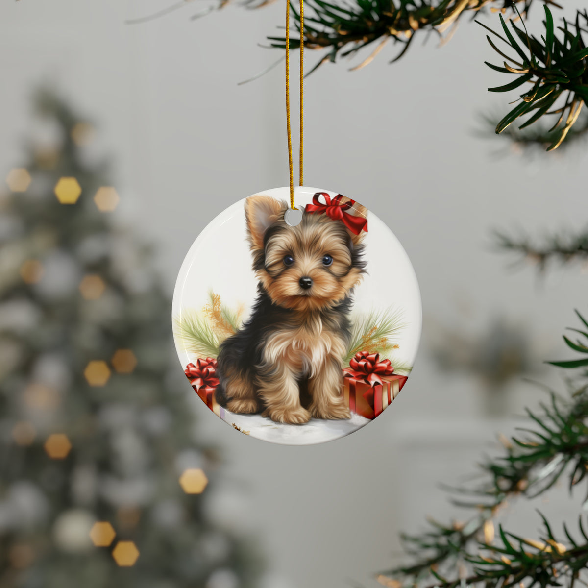 Hanging Ceramic Christmas Tree Ornament with Gold String - Silky Terrier Puppy Drawing Design, view 3