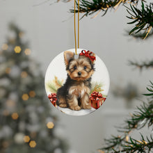 DistinctInk Hanging Ceramic Christmas Tree Ornament with Gold String - Great Gift/Present - 2 3/4 inch Diameter - Silky Terrier Puppy Drawing Design