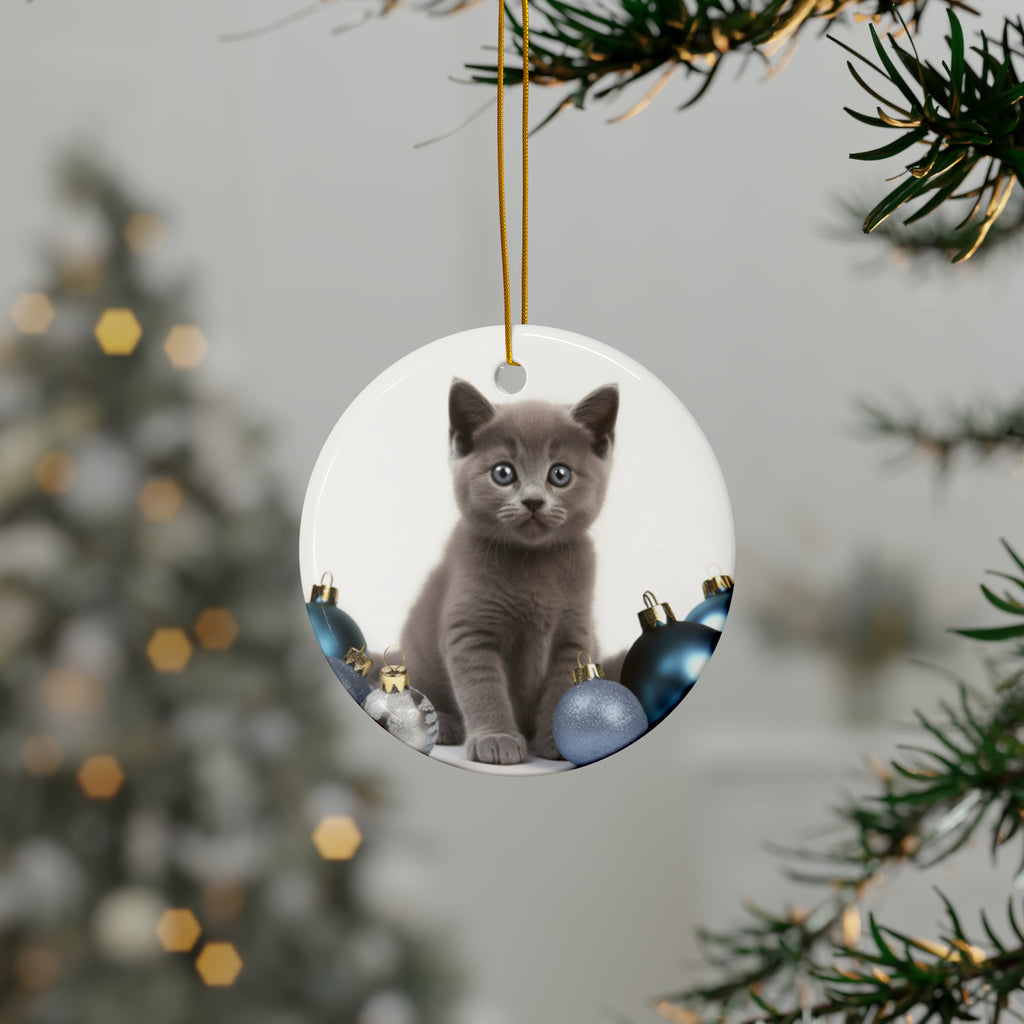 Hanging Ceramic Christmas Tree Ornament with Gold String - Russian Blue Kitten Design, view 3