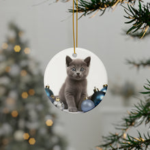 DistinctInk Hanging Ceramic Christmas Tree Ornament with Gold String - Great Gift/Present - 2 3/4 inch Diameter - Russian Blue Kitten Design