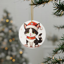 DistinctInk Hanging Ceramic Christmas Tree Ornament with Gold String - Great Gift/Present - 2 3/4 inch Diameter - Japanese Bobtail Cat Design