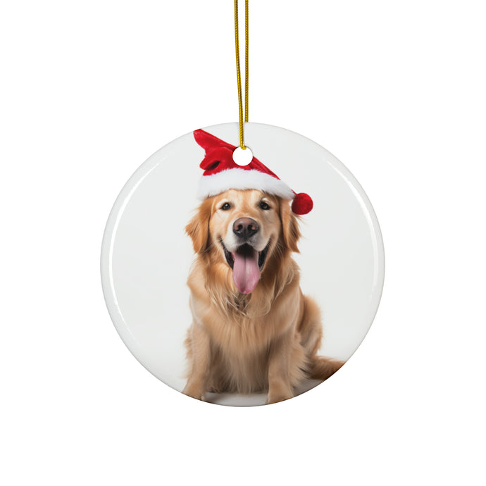 DistinctInk Hanging Ceramic Christmas Tree Ornament with Gold String - Great Gift/Present - 2 3/4 inch Diameter - Golden Retriever Design