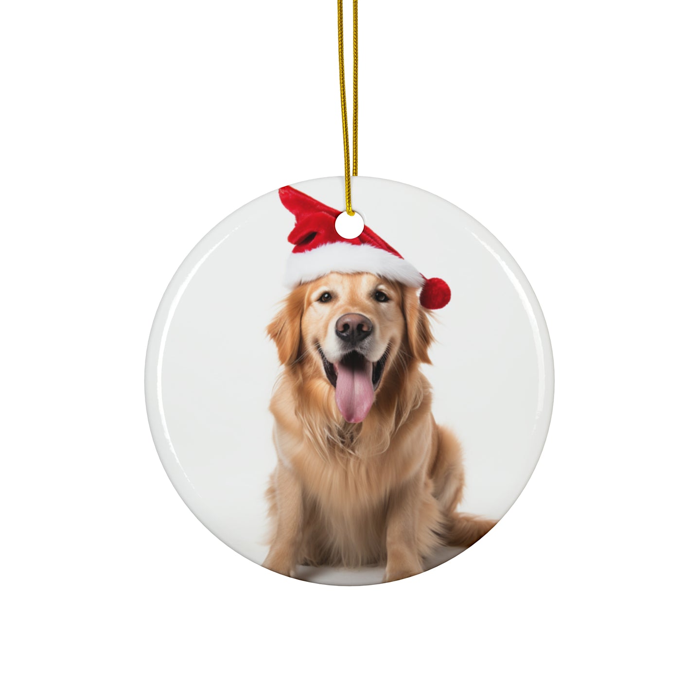 DistinctInk Hanging Ceramic Christmas Tree Ornament with Gold String - Great Gift/Present - 2 3/4 inch Diameter - Golden Retriever Design