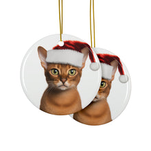 DistinctInk Hanging Ceramic Christmas Tree Ornament with Gold String - Great Gift/Present - 2 3/4 inch Diameter - Abyssinian Cat Design