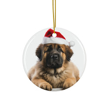 DistinctInk Hanging Ceramic Christmas Tree Ornament with Gold String - Great Gift/Present - 2 3/4 inch Diameter - Leonberger Puppy Design