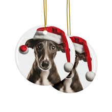 DistinctInk Hanging Ceramic Christmas Tree Ornament with Gold String - Great Gift/Present - 2 3/4 inch Diameter - Greyhound Puppy Design