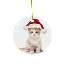 DistinctInk Hanging Ceramic Christmas Tree Ornament with Gold String - Great Gift/Present - 2 3/4 inch Diameter - Japanese Bobtail Kitten Design