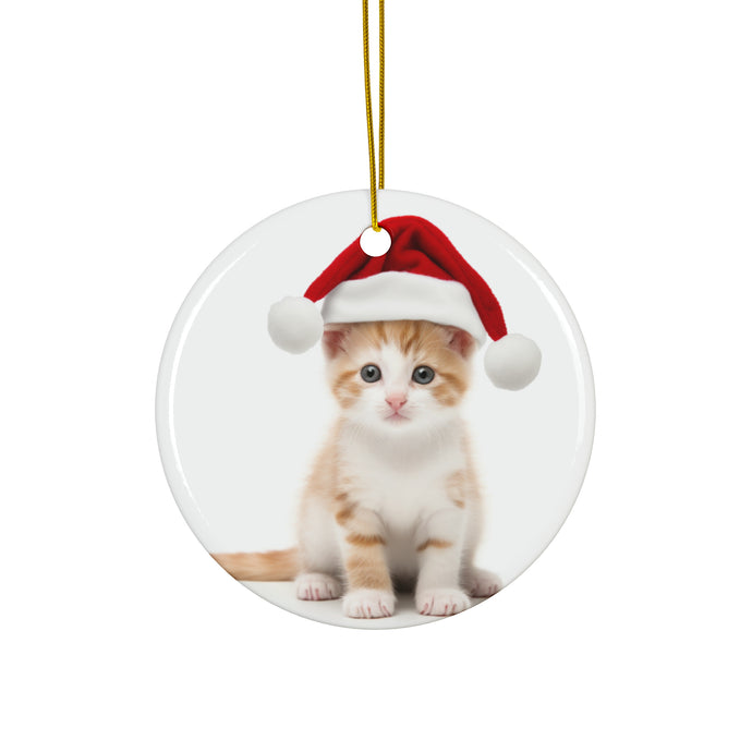 DistinctInk Hanging Ceramic Christmas Tree Ornament with Gold String - Great Gift/Present - 2 3/4 inch Diameter - Japanese Bobtail Kitten Design