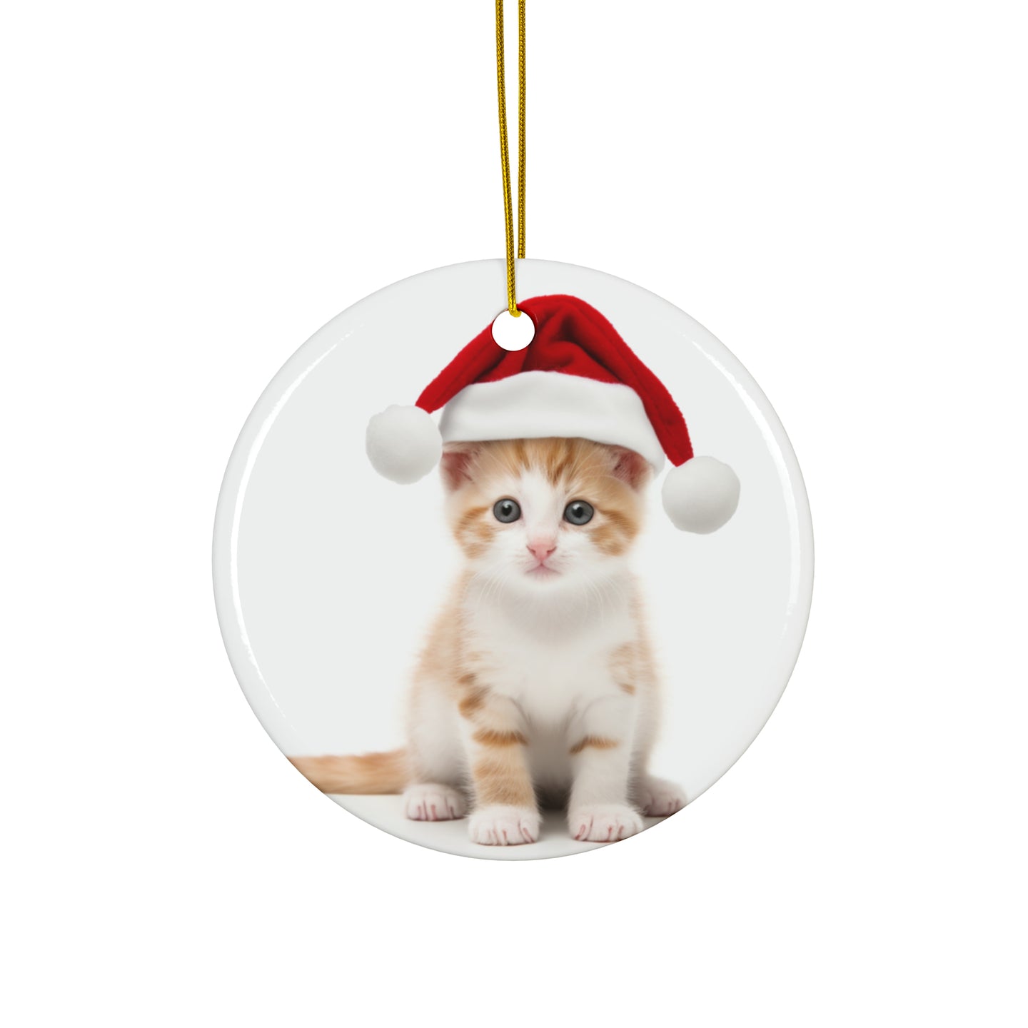 DistinctInk Hanging Ceramic Christmas Tree Ornament with Gold String - Great Gift/Present - 2 3/4 inch Diameter - Japanese Bobtail Kitten Design
