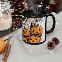 DistinctInk Black Coffee Mug - Ghostly Skeleton and Pumpkins for Halloween