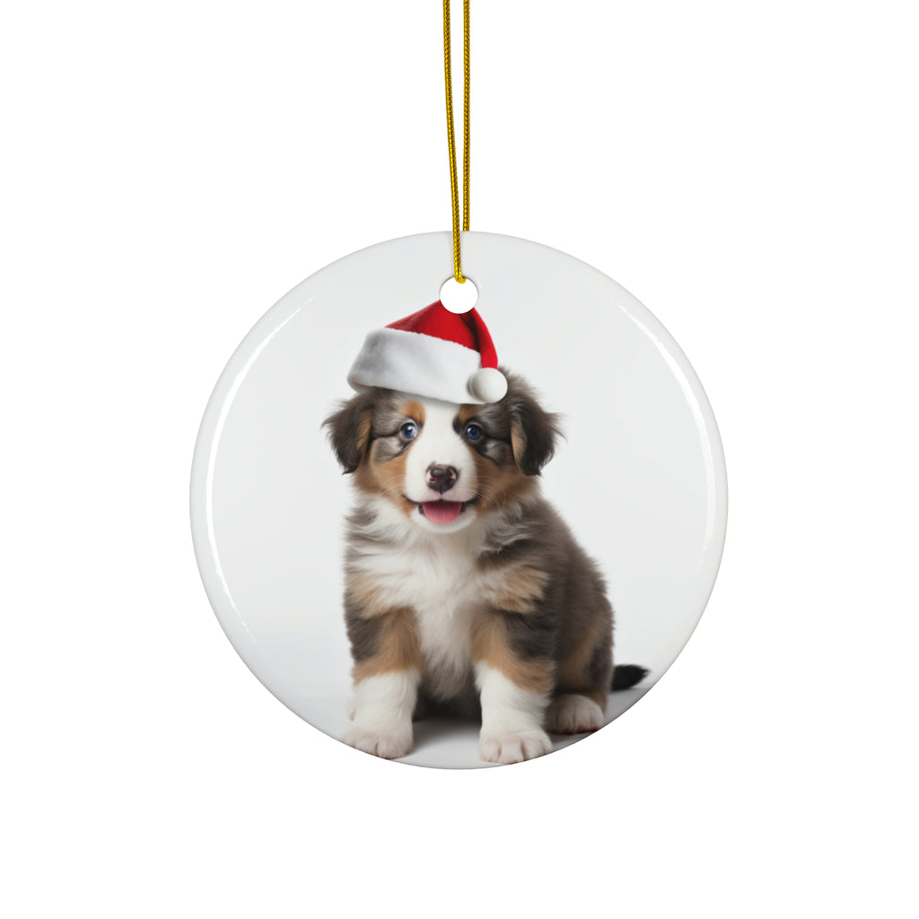 Hanging Ceramic Christmas Tree Ornament with Gold String - Australian Shepherd Puppy Design