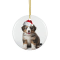 Hanging Ceramic Christmas Tree Ornament with Gold String - Australian Shepherd Puppy Design
