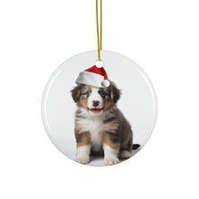 DistinctInk Hanging Ceramic Christmas Tree Ornament with Gold String - Great Gift/Present - 2 3/4 inch Diameter - Australian Shepherd Puppy Design