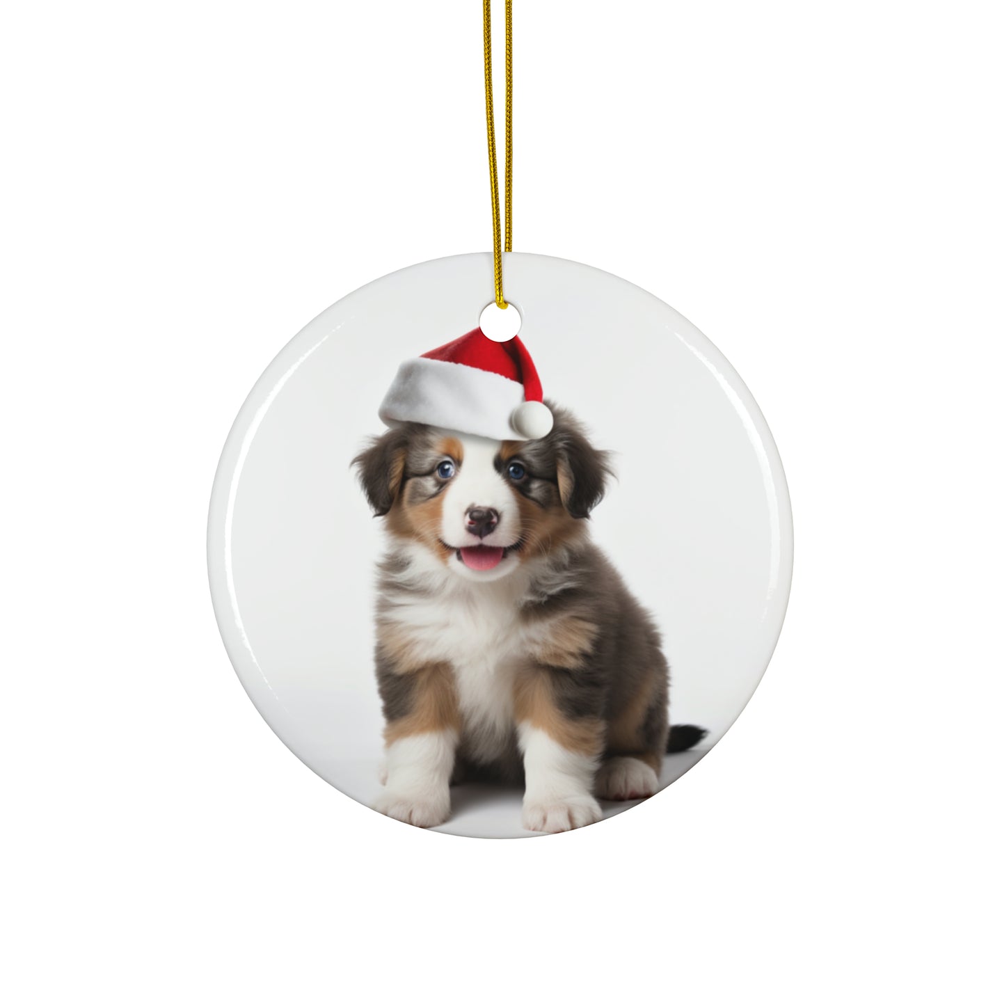 DistinctInk Hanging Ceramic Christmas Tree Ornament with Gold String - Great Gift/Present - 2 3/4 inch Diameter - Australian Shepherd Puppy Design