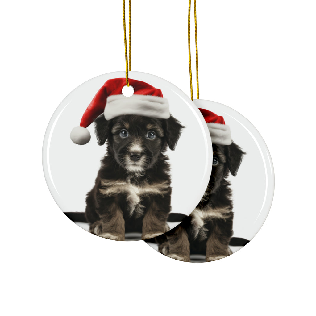 Hanging Ceramic Christmas Tree Ornament with Gold String - Mudi Puppy Design, view 2