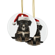 DistinctInk Hanging Ceramic Christmas Tree Ornament with Gold String - Great Gift/Present - 2 3/4 inch Diameter - Mudi Puppy Design