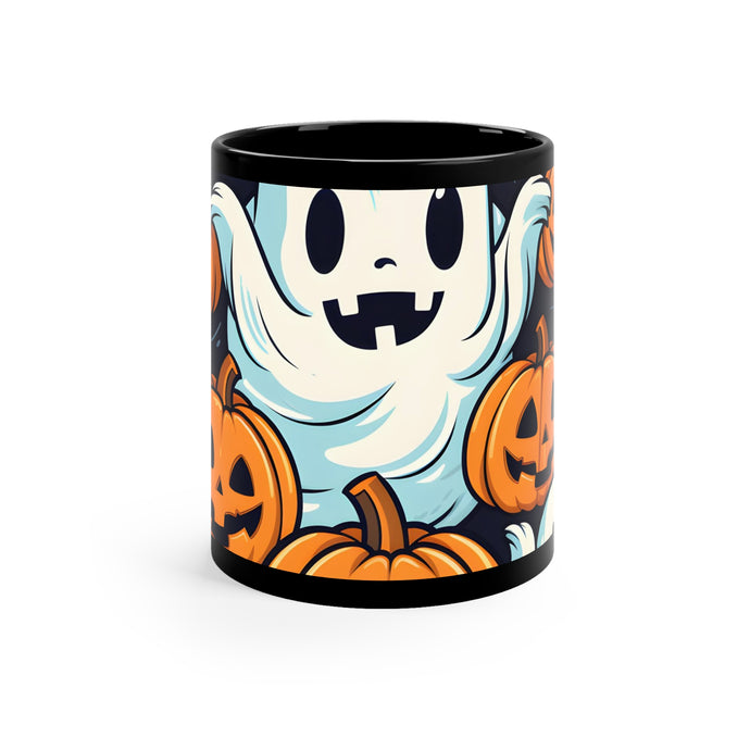 DistinctInk Black Coffee Mug - The Ghostly Skeleton Pumpkin for Halloween