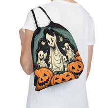 DistinctInk Drawstring Bag / Backpack with Spooky Skeleton Pumpkins Design for Halloween