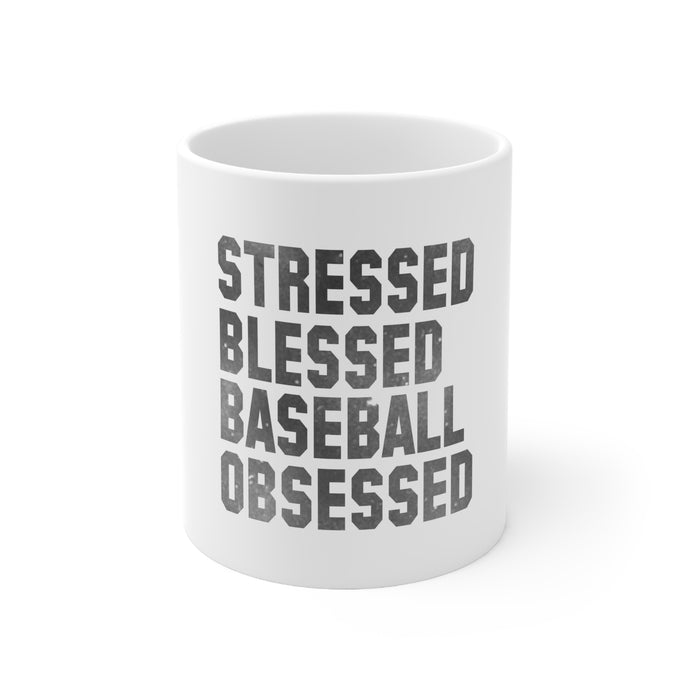 DistinctInk Glossy White Coffee / Tea Mug - Stressed Blessed Baseball Obsessed