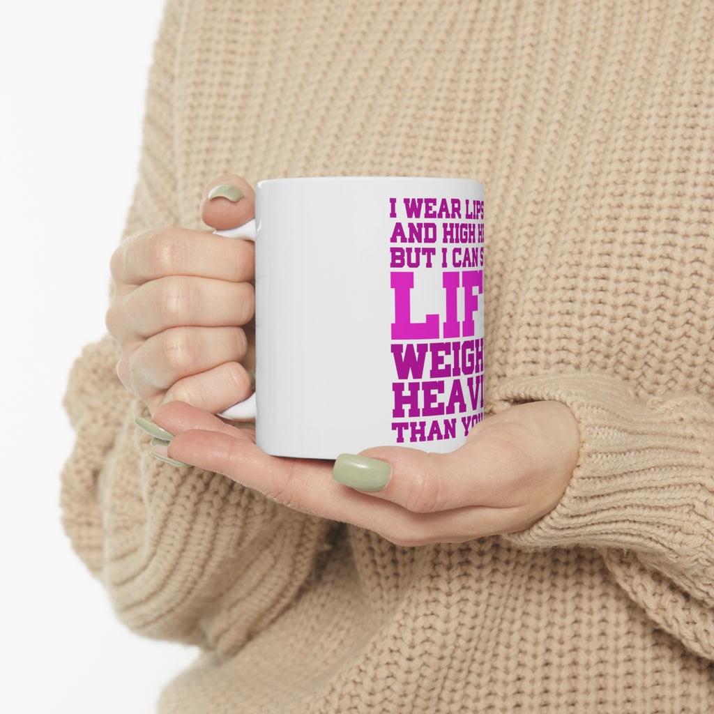 Glossy White Coffee / Tea Mug - Lipstick & High Heels Can Life Weights Heavier, view 10