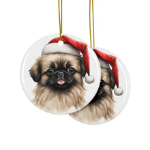 DistinctInk Hanging Ceramic Christmas Tree Ornament with Gold String - Great Gift/Present - 2 3/4 inch Diameter - Pekingese Puppy Drawing Design