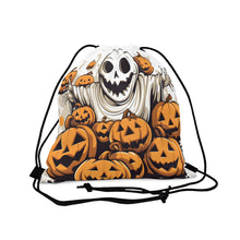 DistinctInk Drawstring Bag / Backpack with Ghostly Skeleton and Pumpkins Design for Halloween