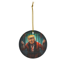 DistinctInk Hanging Ceramic Christmas Tree Ornament Charm with Gold String - Great Gift/Present - 2 3/4 inch Diameter - Trump Celebrates Christmas in Jail