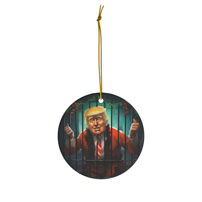 DistinctInk Hanging Ceramic Christmas Tree Ornament Charm with Gold String - Great Gift/Present - 2 3/4 inch Diameter - Trump Celebrates Christmas in Jail