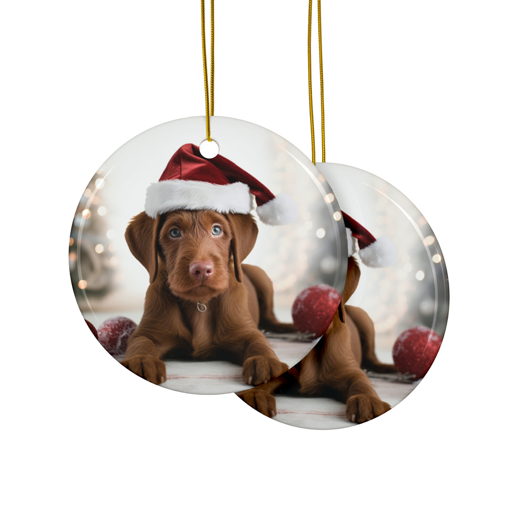 Hanging Ceramic Christmas Tree Ornament with Gold String - Wirehaired Vizsla Puppy Design, view 2