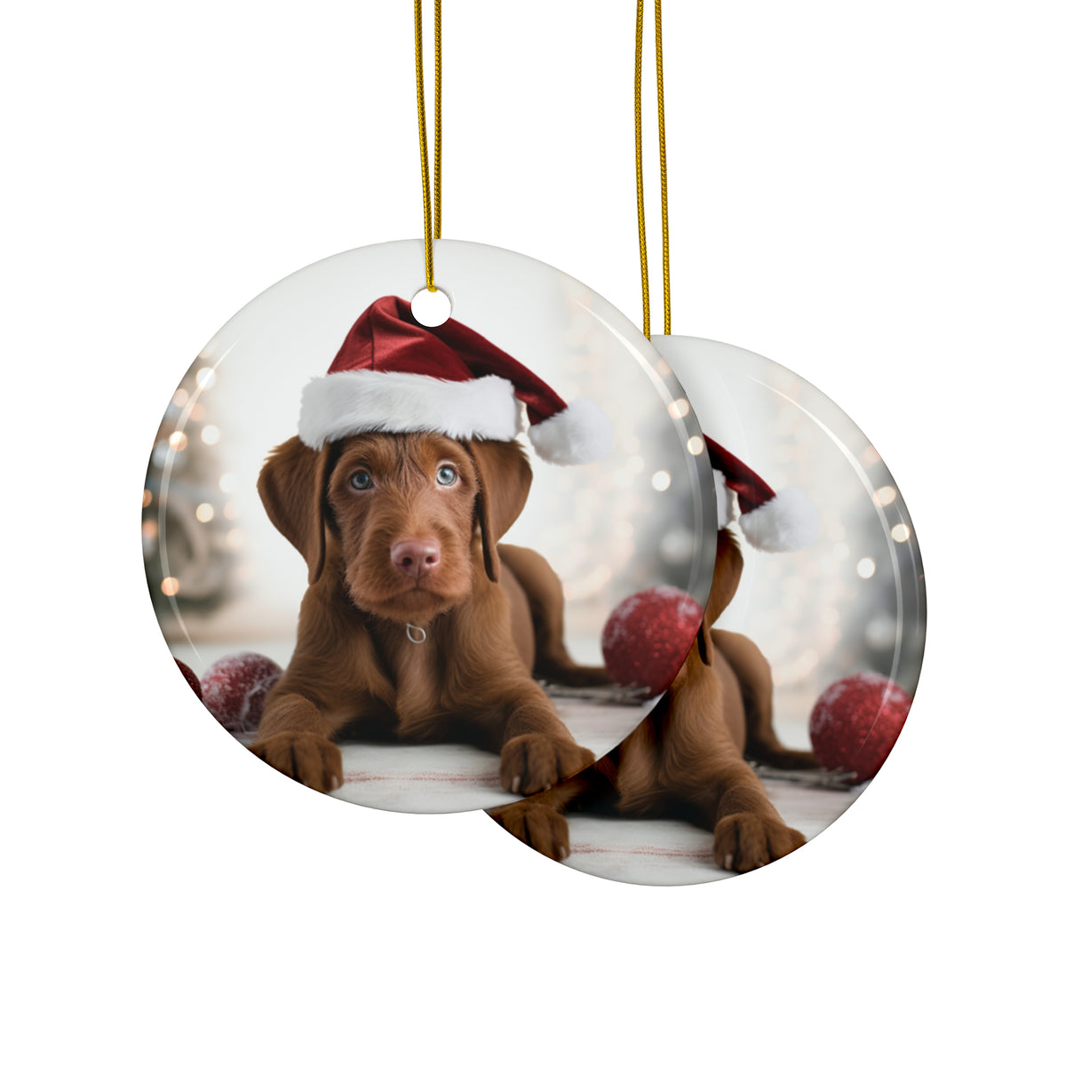 Hanging Ceramic Christmas Tree Ornament with Gold String - Wirehaired Vizsla Puppy Design, view 2