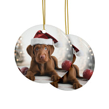 DistinctInk Hanging Ceramic Christmas Tree Ornament with Gold String - Great Gift/Present - 2 3/4 inch Diameter - Wirehaired Vizsla Puppy Design