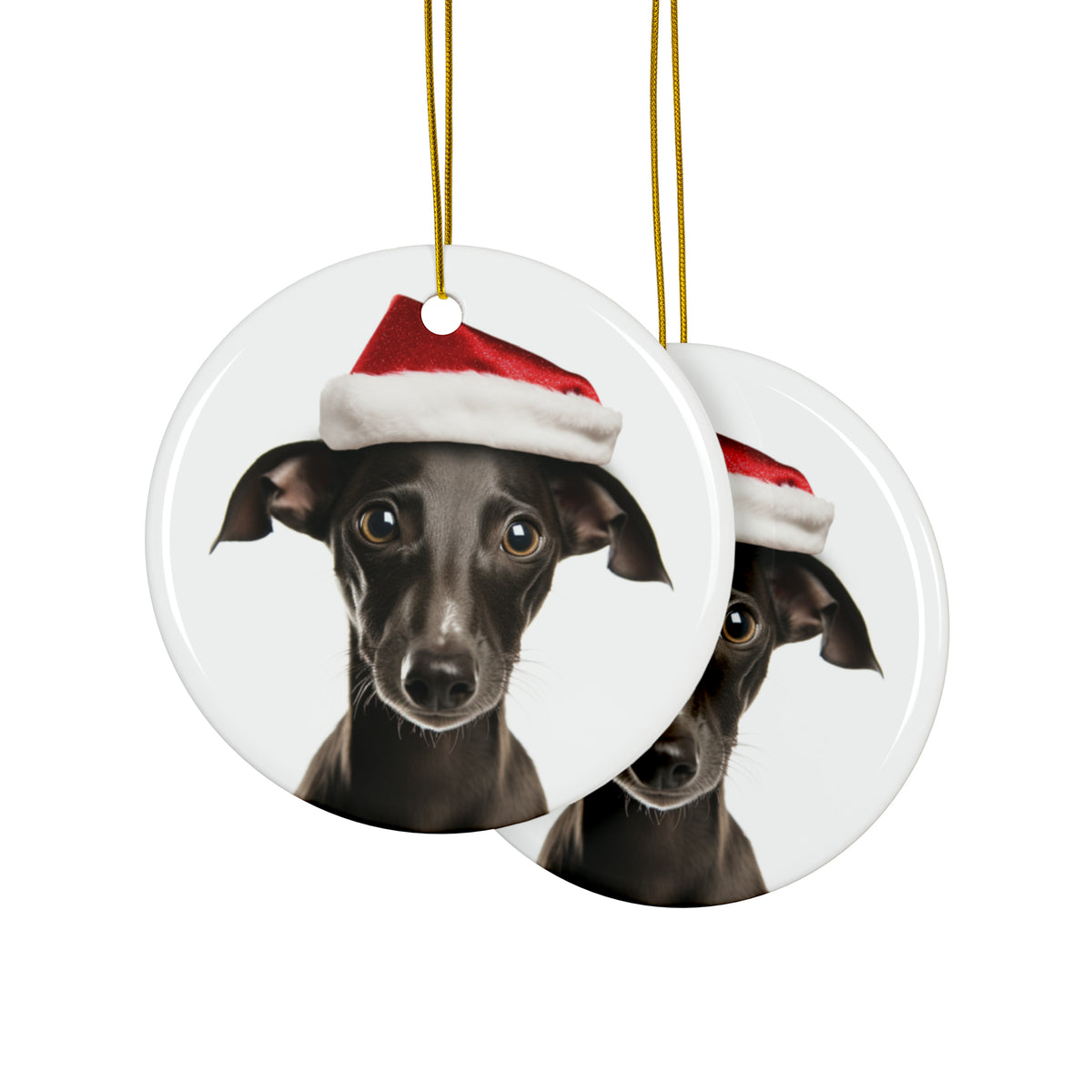 Hanging Ceramic Christmas Tree Ornament with Gold String - Italian Greyhound Puppy Design, view 2