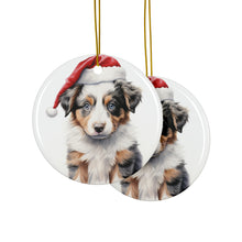 DistinctInk Hanging Ceramic Christmas Tree Ornament with Gold String - Great Gift/Present - 2 3/4 inch Diameter - Australian Shepherd Puppy Drawing Design