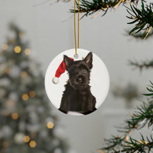 DistinctInk Hanging Ceramic Christmas Tree Ornament with Gold String - Great Gift/Present - 2 3/4 inch Diameter - Scottish Terrier Puppy Design