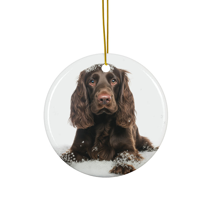 DistinctInk Hanging Ceramic Christmas Tree Ornament with Gold String - Great Gift/Present - 2 3/4 inch Diameter - Field Spaniel Design