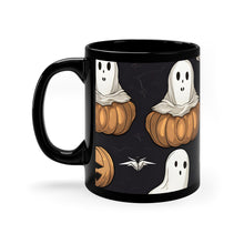 DistinctInk Black Coffee Mug - Skeletal Ghostly Pumpkin Patch for Halloween