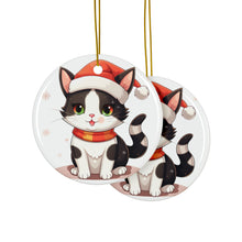 DistinctInk Hanging Ceramic Christmas Tree Ornament with Gold String - Great Gift/Present - 2 3/4 inch Diameter - Japanese Bobtail Cat Design
