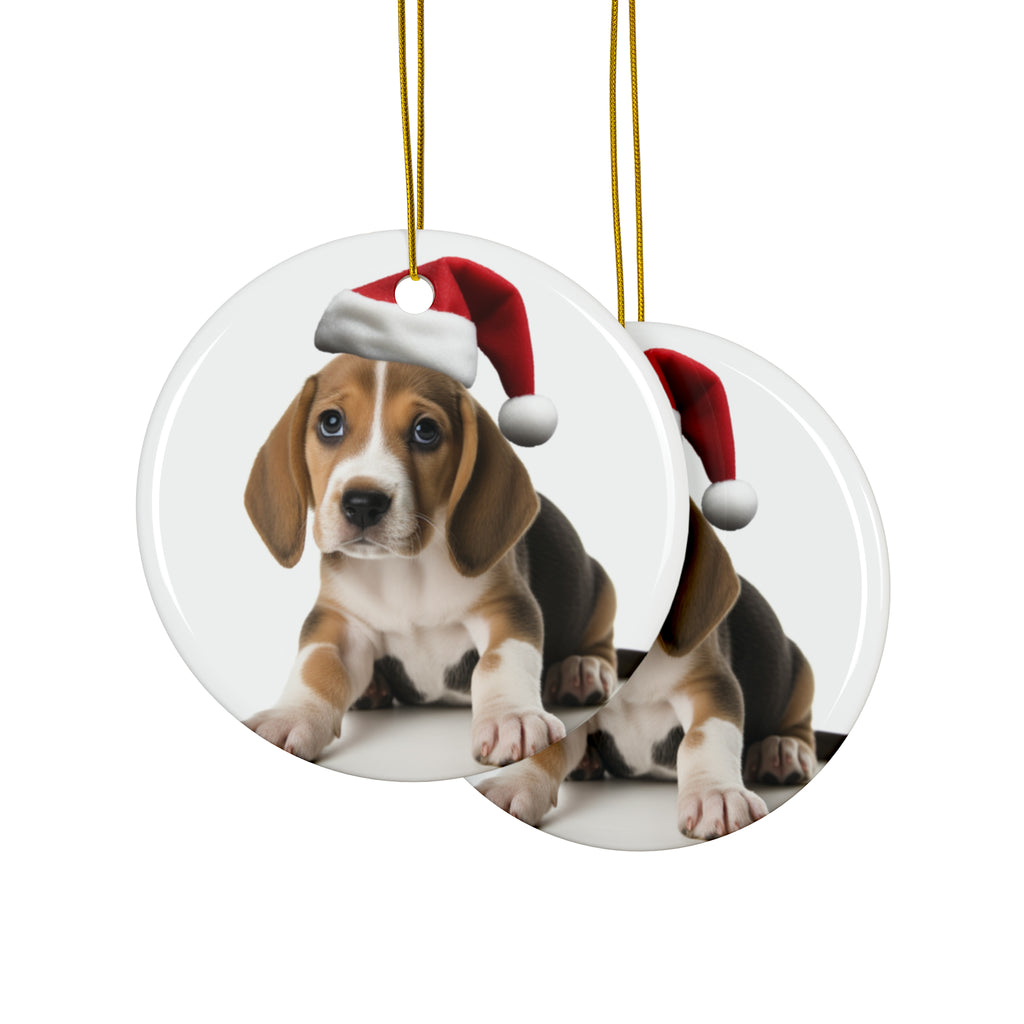 Hanging Ceramic Christmas Tree Ornament with Gold String - English Foxhound Puppy Design, view 2