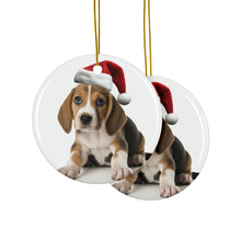 DistinctInk Hanging Ceramic Christmas Tree Ornament with Gold String - Great Gift/Present - 2 3/4 inch Diameter - English Foxhound Puppy Design