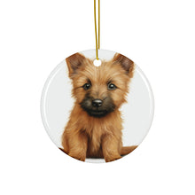 DistinctInk Hanging Ceramic Christmas Tree Ornament with Gold String - Great Gift/Present - 2 3/4 inch Diameter - Norwich Terrier Puppy Drawing Design